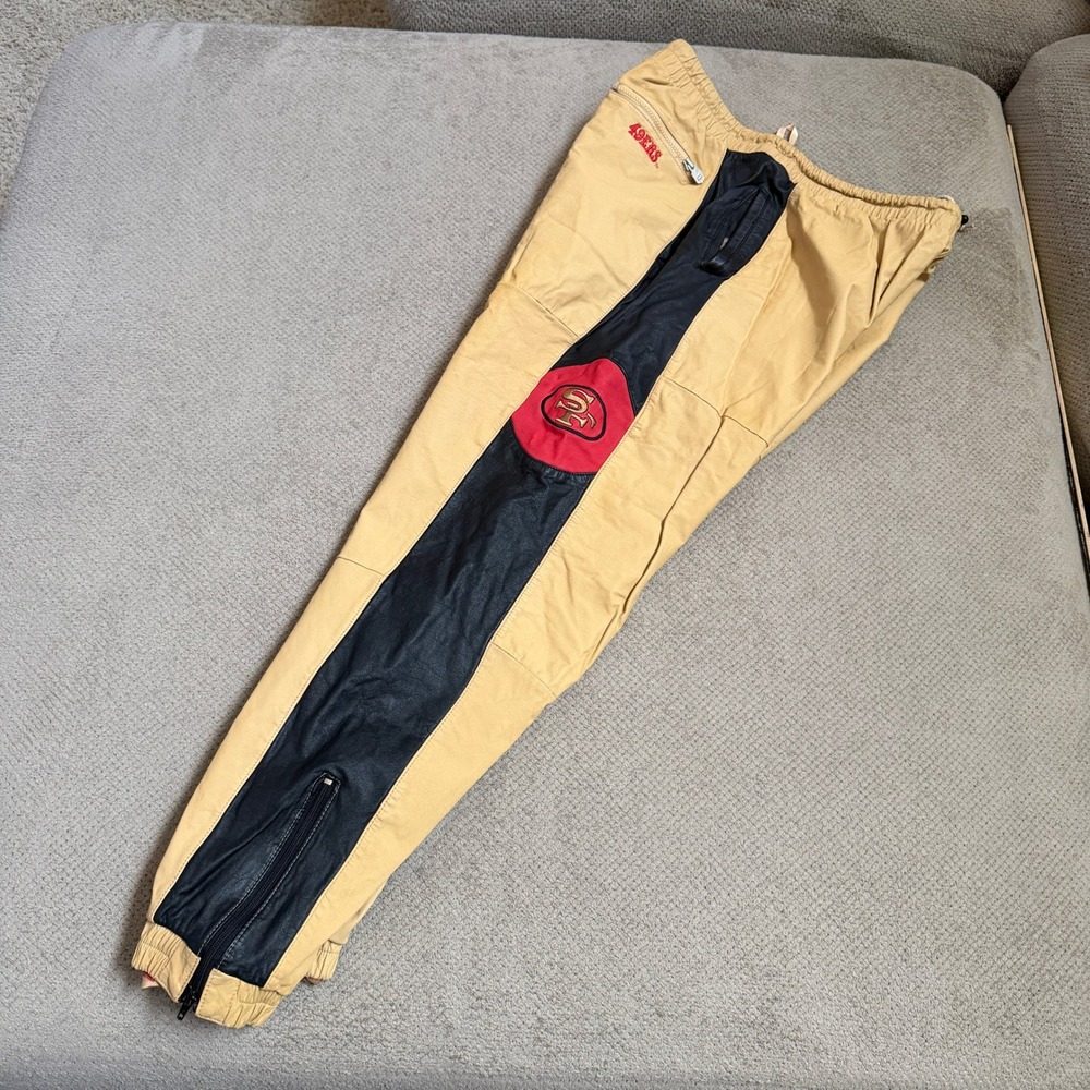 Vintage 1990s San Francisco 49ers Genuine Leather Track Pants Tan Black Mens XL